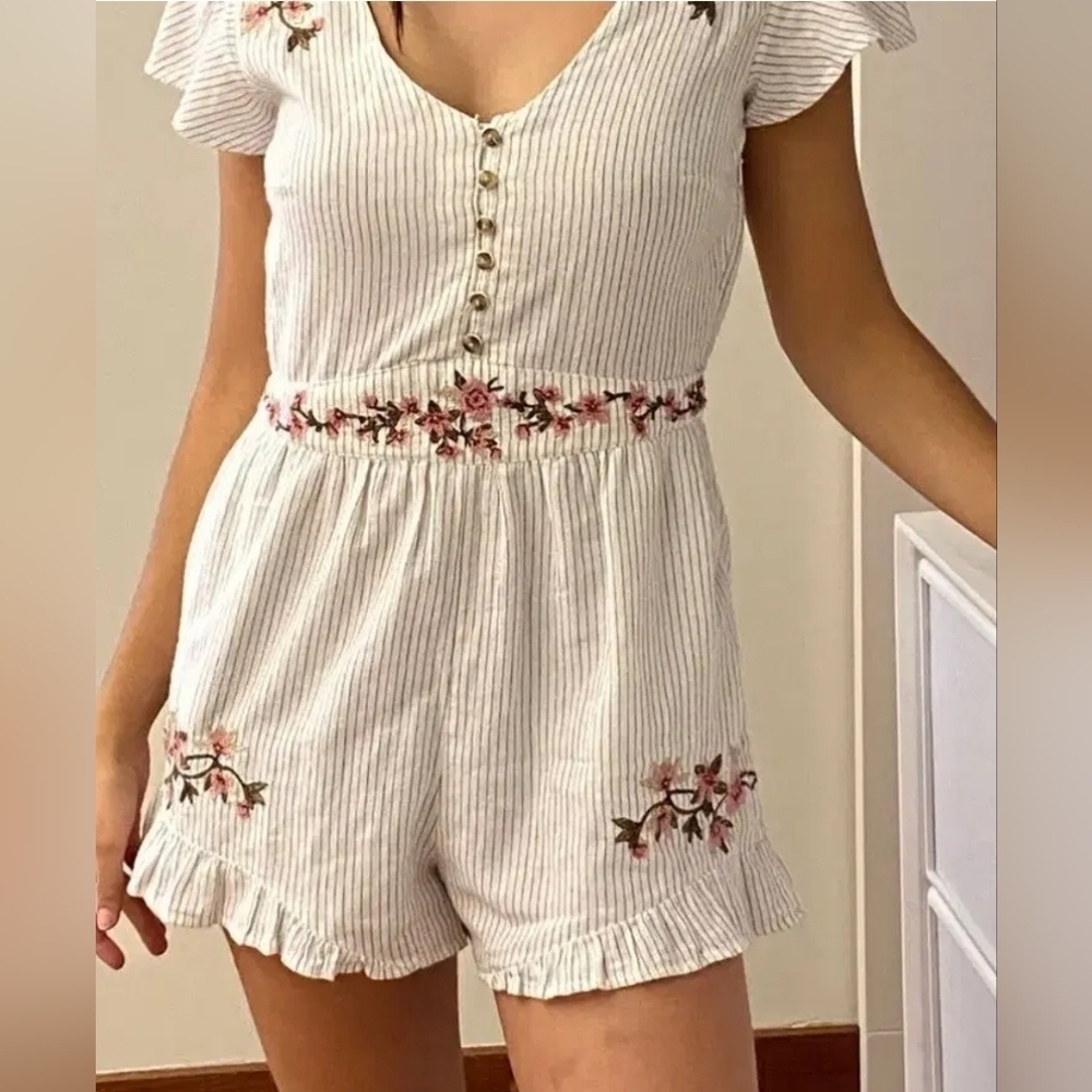 American Eagle Floral Embroidered Pin  Striped Romper Size S